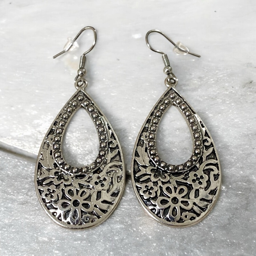 Large Silver Teardrop Wire Earrings with Intricate Floral Beaded Design